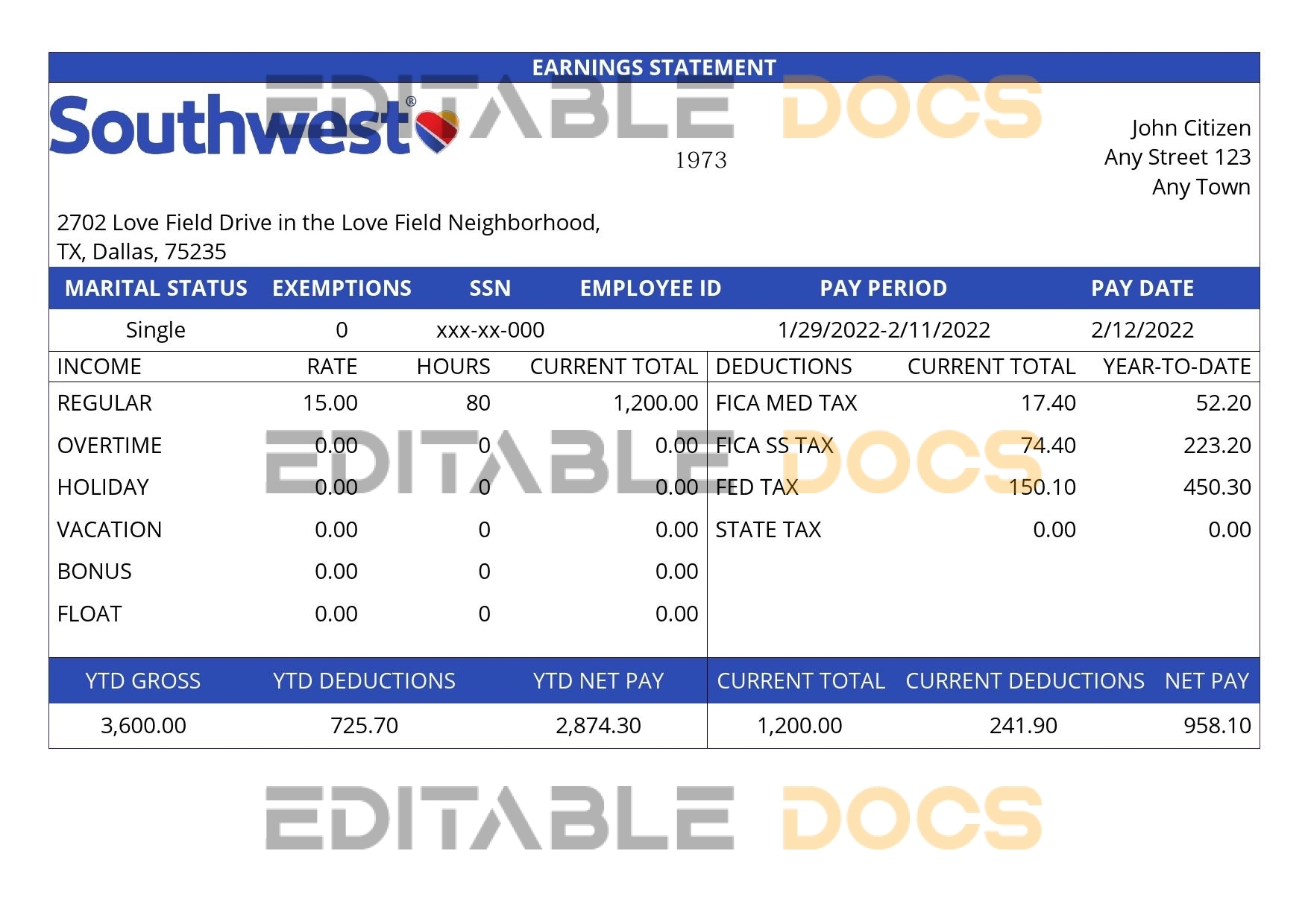 USA Southwest Airlines airlines company pay stub Word and PDF template