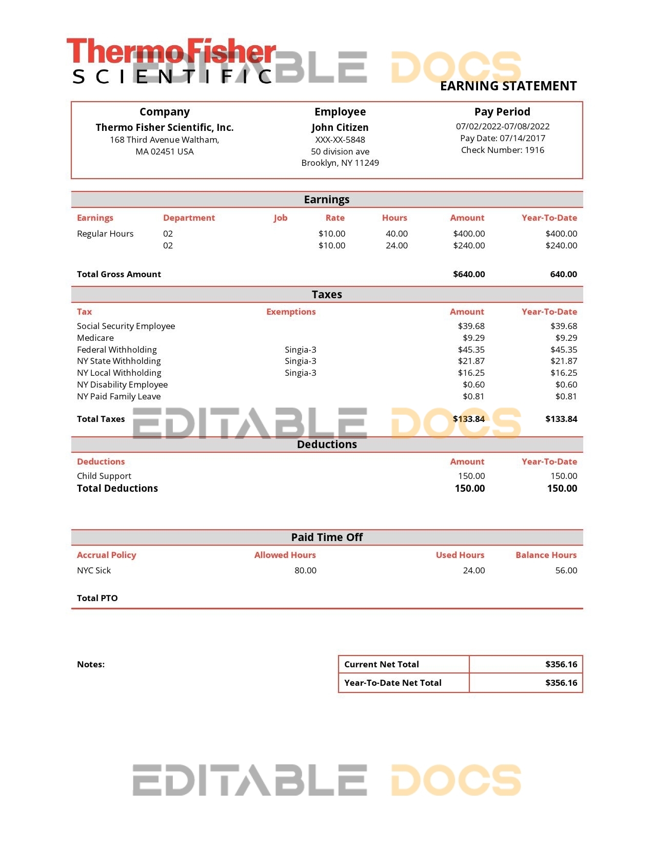 USA Thermo Fisher Scientific laboratory instruments company pay stub Word and PDF template