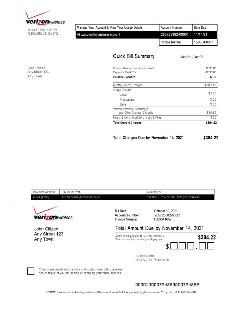 USA Verizon invoice template in Word and PDF format, fully editable