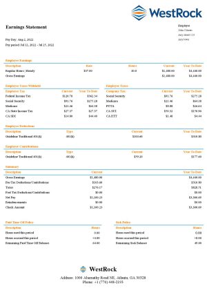 USA Editable Templates 14 USA WestRock packaging company pay stub Word and PDF template