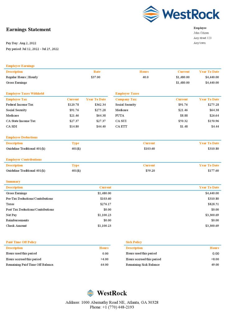USA WestRock packaging company pay stub Word and PDF template