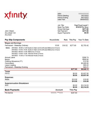 USA Xfinity broadasting company pay stub Word and PDF template