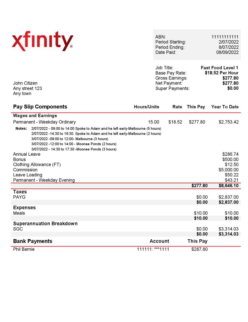 USA Xfinity broadasting company pay stub Word and PDF template