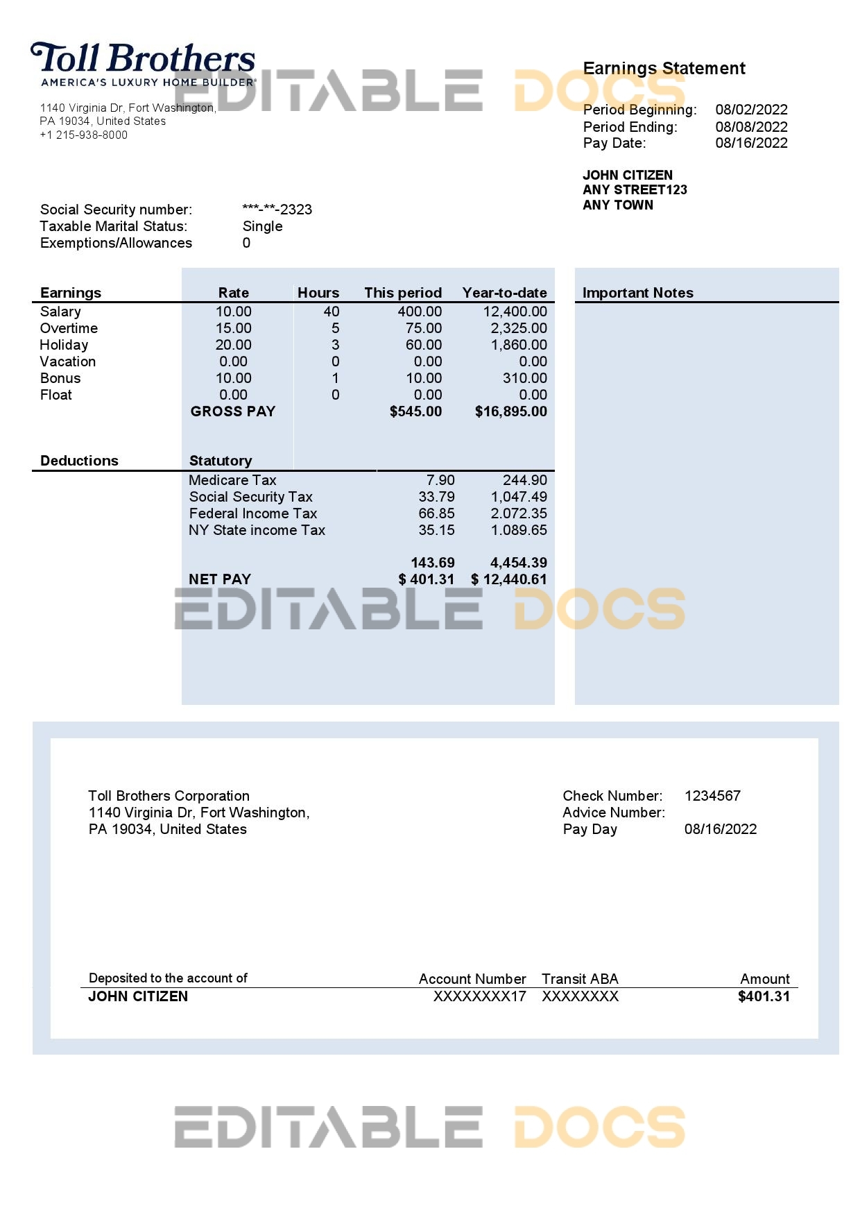 USA building company earning statement template in Word and PDF format