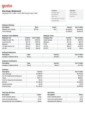 USA California business providing company earnings statement template in Word and PDF format