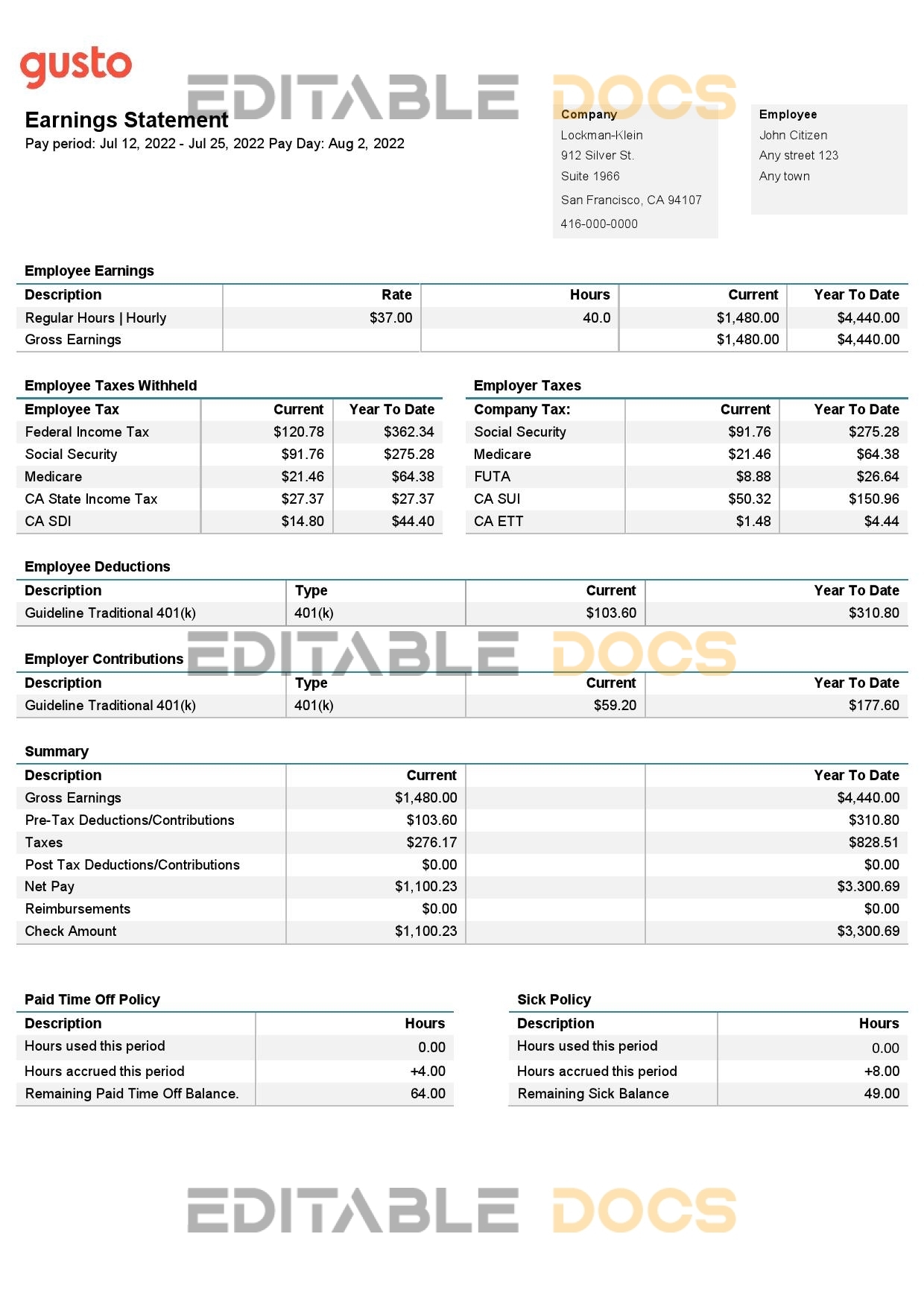 USA California business providing company earnings statement template in Word and PDF format