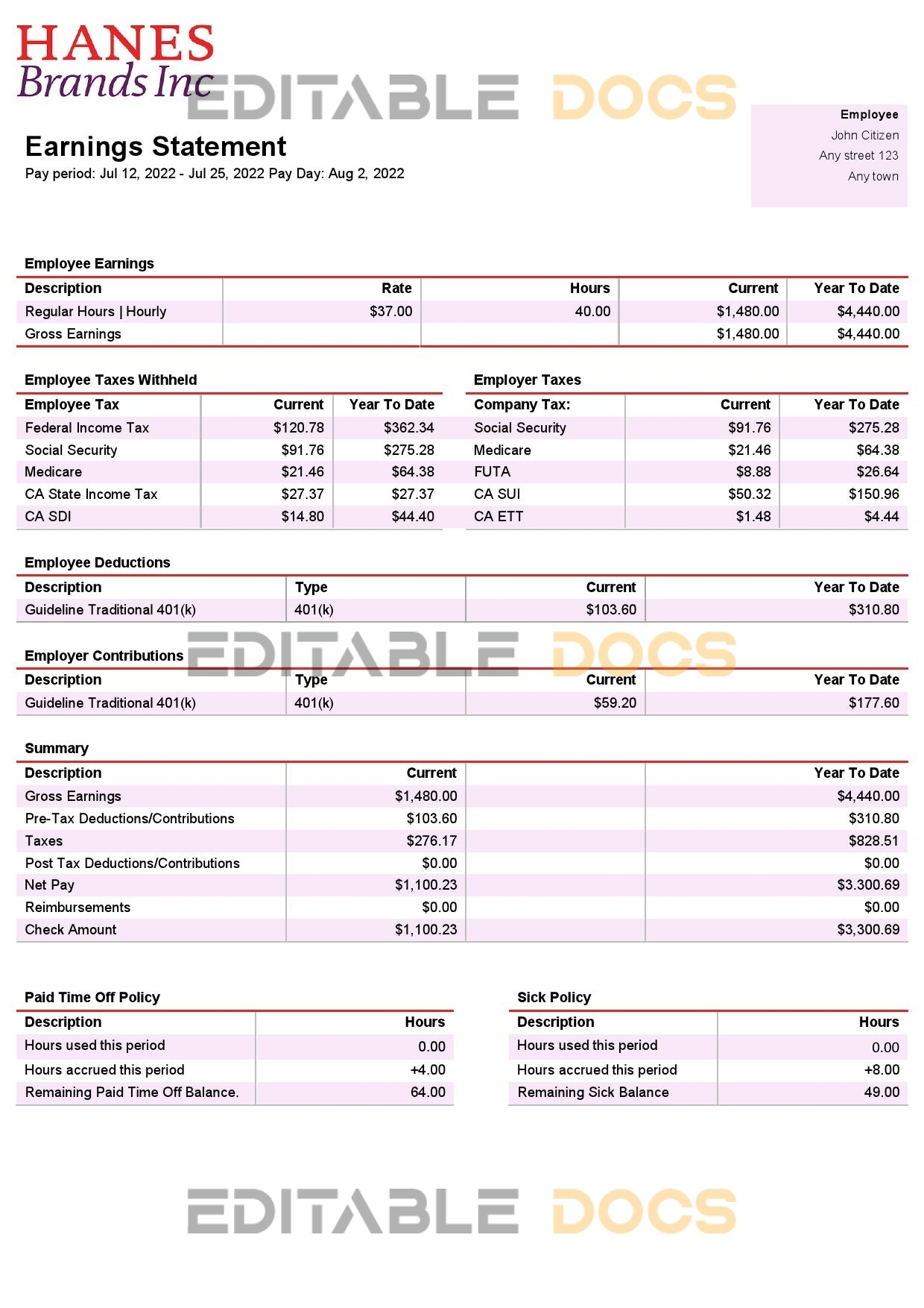 USA clothing company earning statement template in Word and PDF format