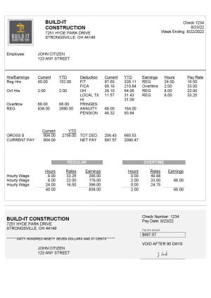USA Ohio construction company earnings statement template in Word and PDF format
