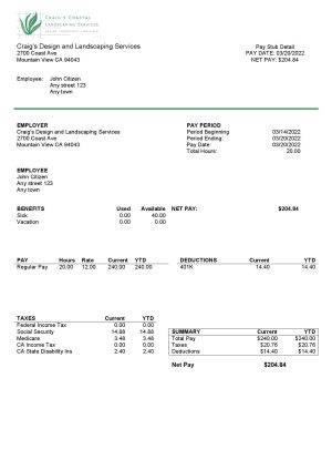 USA California design & landscaping services company pay stub template in Word and PDF format