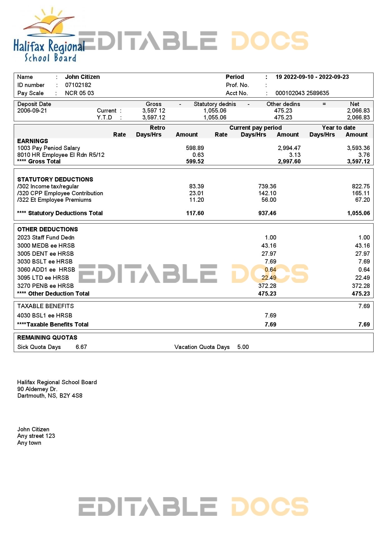 USA educational earning statement template in Word and PDF format