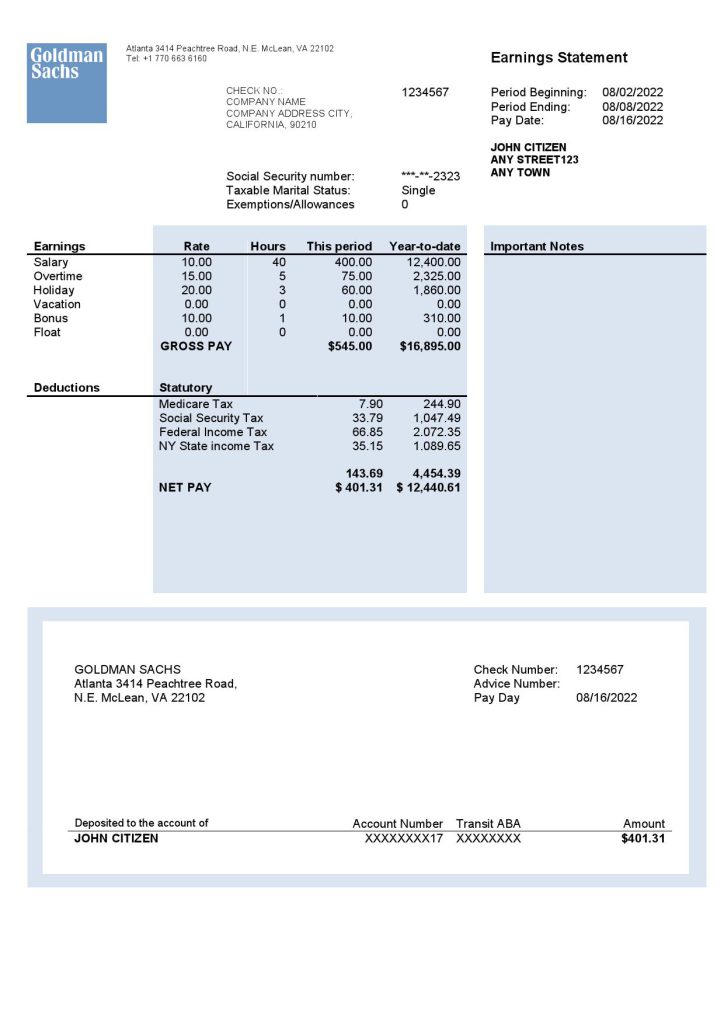 USA financial company earning statement template in Word and PDF format, version 2