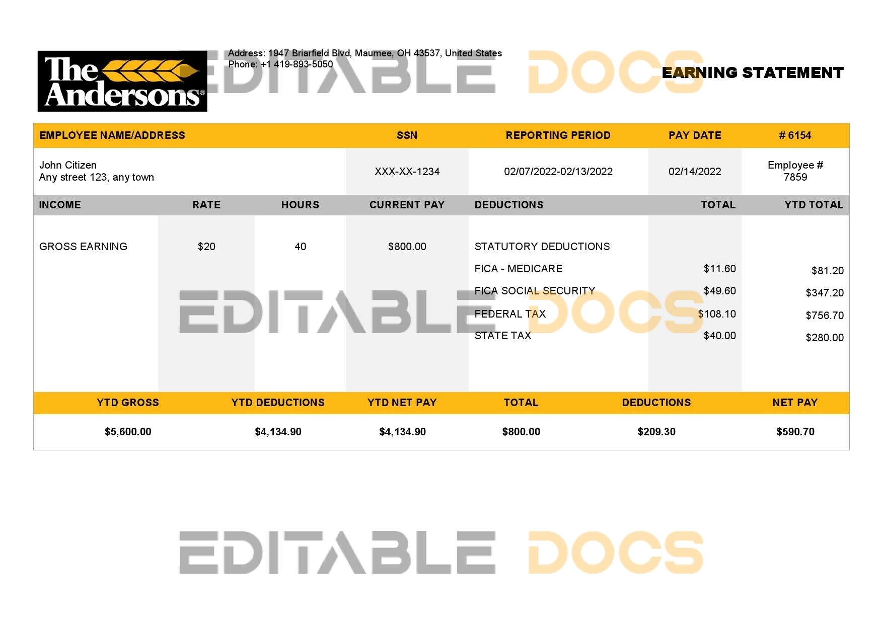 USA food production company employee sheet template in Word and PDF format