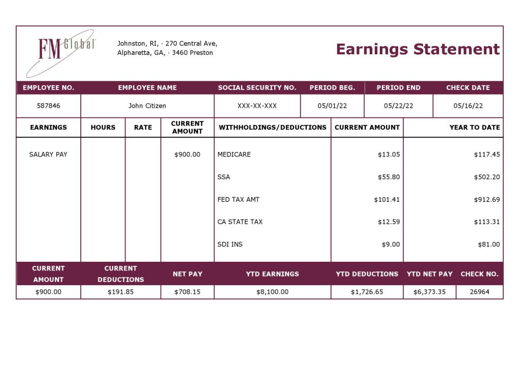 USA insurance company earning statement template in Word and PDF format