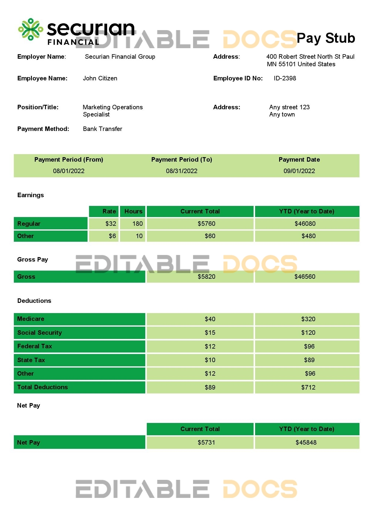 USA insurance company employee sheet template in Word and PDF format