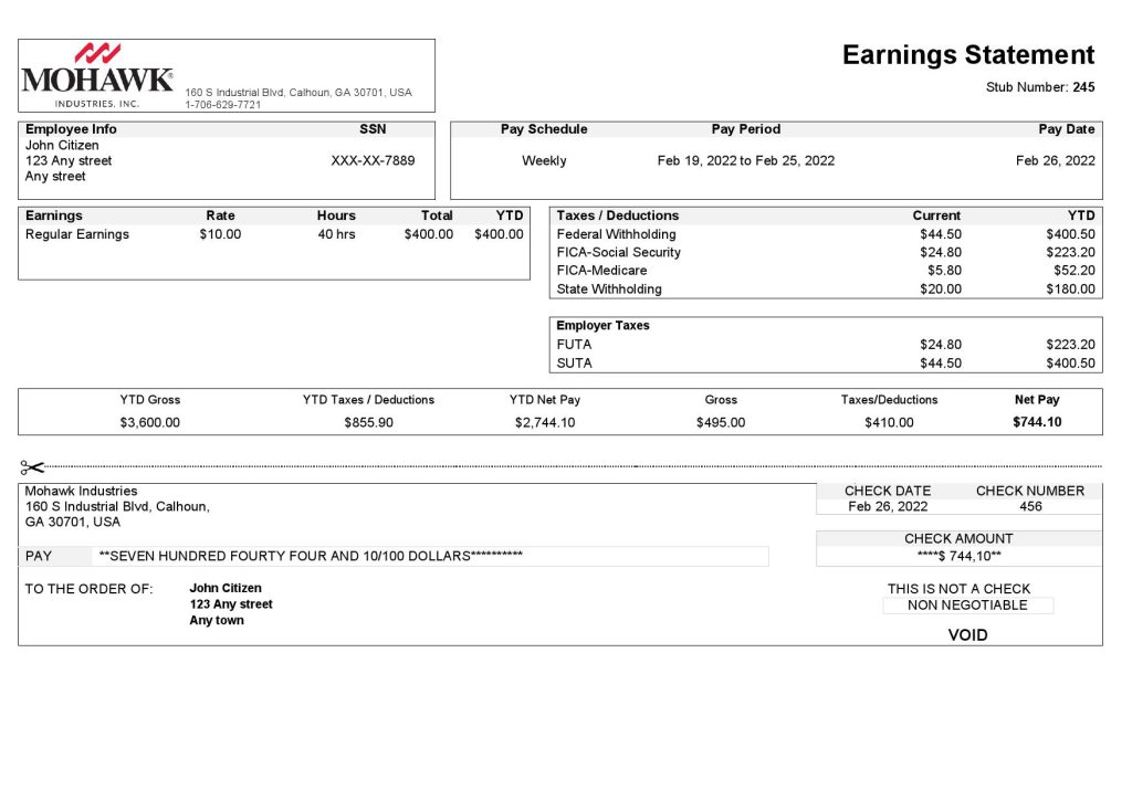 USA manufacturing company earning statement template in Word and PDF format