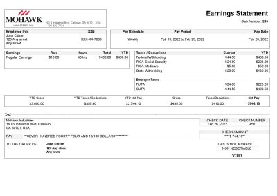 USA manufacturing company earning statement template in Word and PDF format