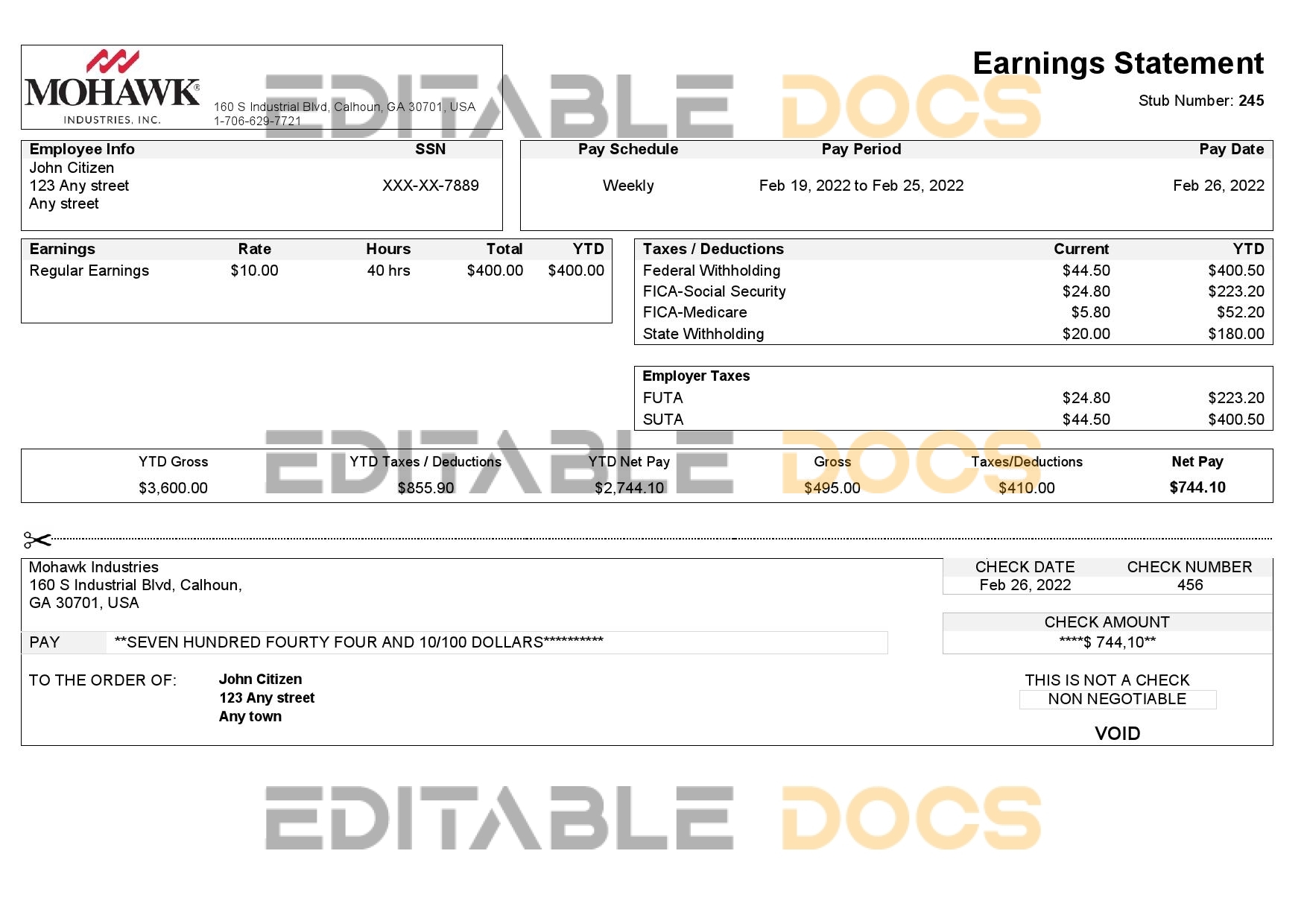 USA manufacturing company earning statement template in Word and PDF format
