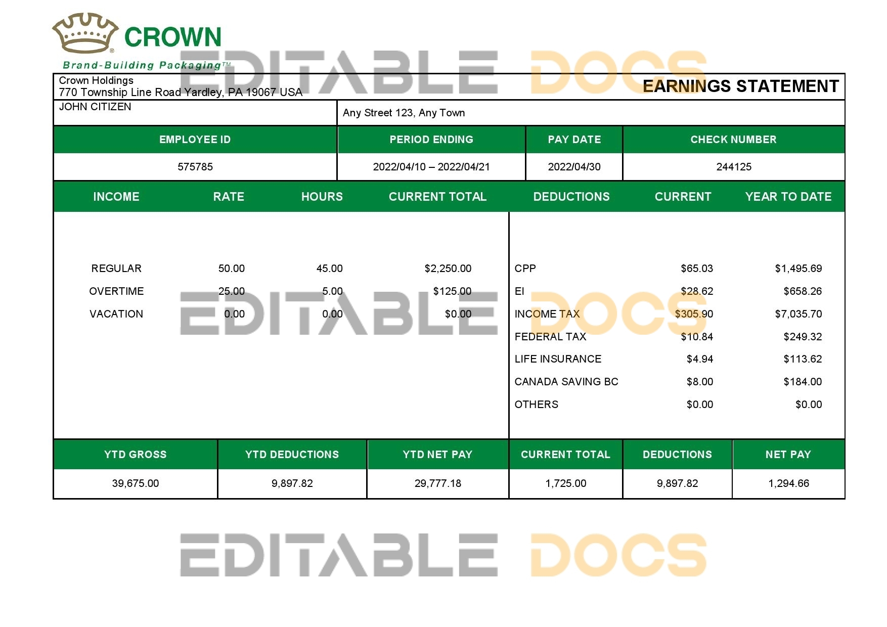 USA packaging company employee sheet template in Word and PDF format