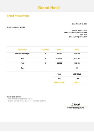 USA Editable Templates 16 USA Grand Hotel invoice template in Word and PDF format, fully editable