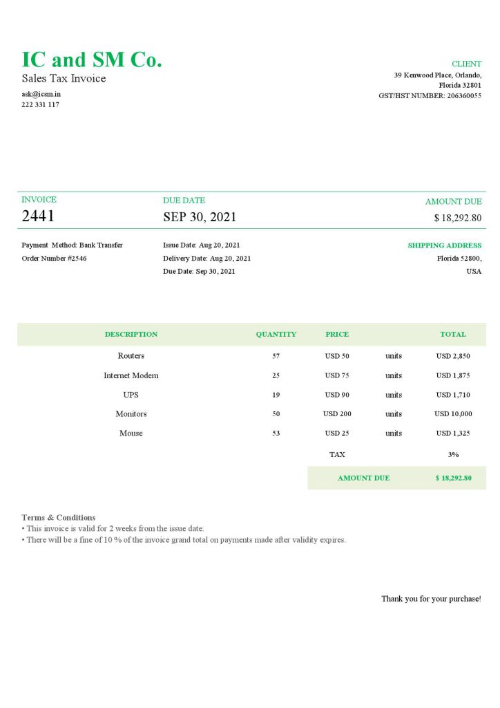USA IC and SM Co. invoice template in Word and PDF format, fully editable