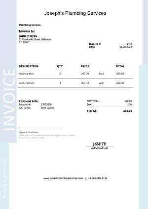 USA Editable Templates 6 USA Joseph’s Plumbing Services invoice template in Word and PDF format, fully editable