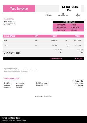 USA Editable Templates 9 USA LJ Builders Co. invoice template in Word and PDF format, fully editable