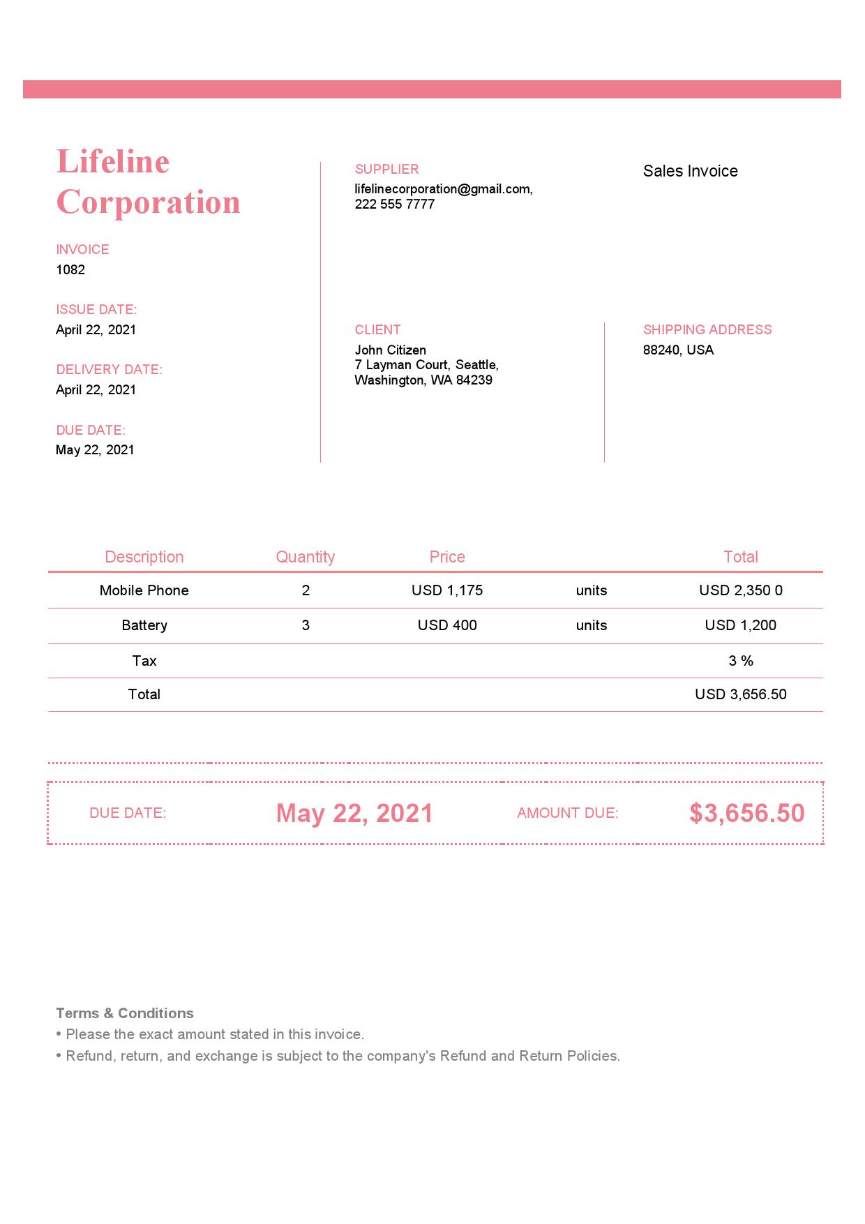 USA Lifeline Corporation invoice template in Word and PDF format, fully editable, version 2