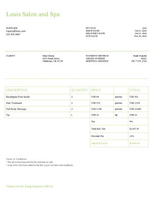 USA Editable Templates 11 USA Louis Salon and Spa invoice template in Word and PDF format, fully editable