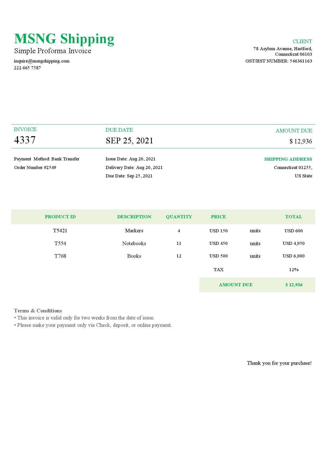 USA MSNG Shipping invoice template in Word and PDF format, fully editable
