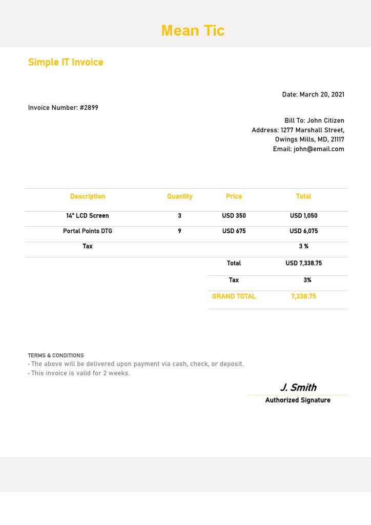USA Mean Tic invoice template in Word and PDF format, fully editable