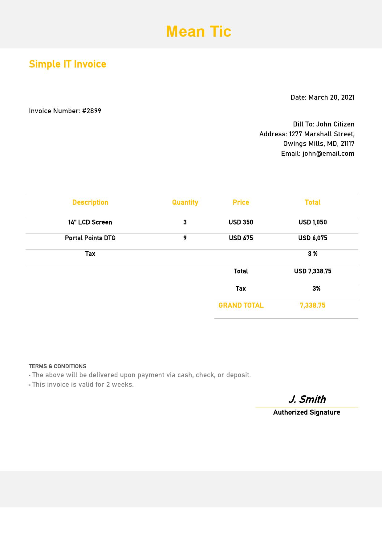 USA Mean Tic invoice template in Word and PDF format, fully editable