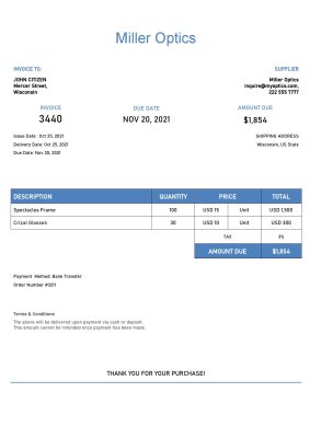 USA Miller Optics invoice template in Word and PDF format, fully editable