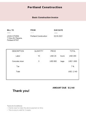 USA Portland Construction invoice template in Word and PDF format, fully editable