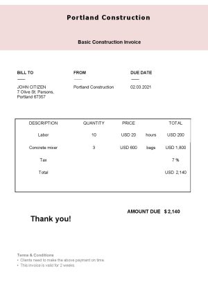 USA Editable Templates 15 USA Portland Construction invoice template in Word and PDF format, fully editable