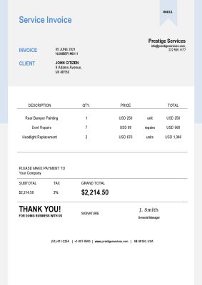 USA Prestige Services invoice template in Word and PDF format, fully editable