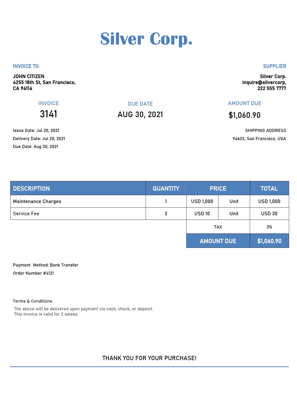 USA Silver Corp. invoice template in Word and PDF format, fully editable
