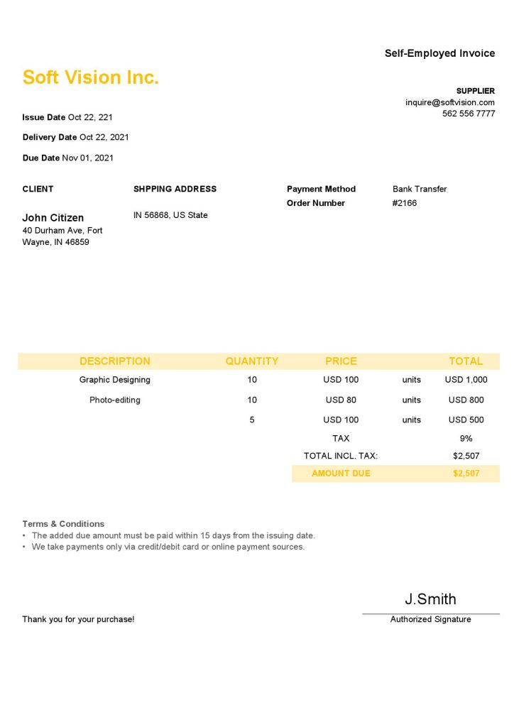USA Soft Vision Inc. invoice template in Word and PDF format, fully editable
