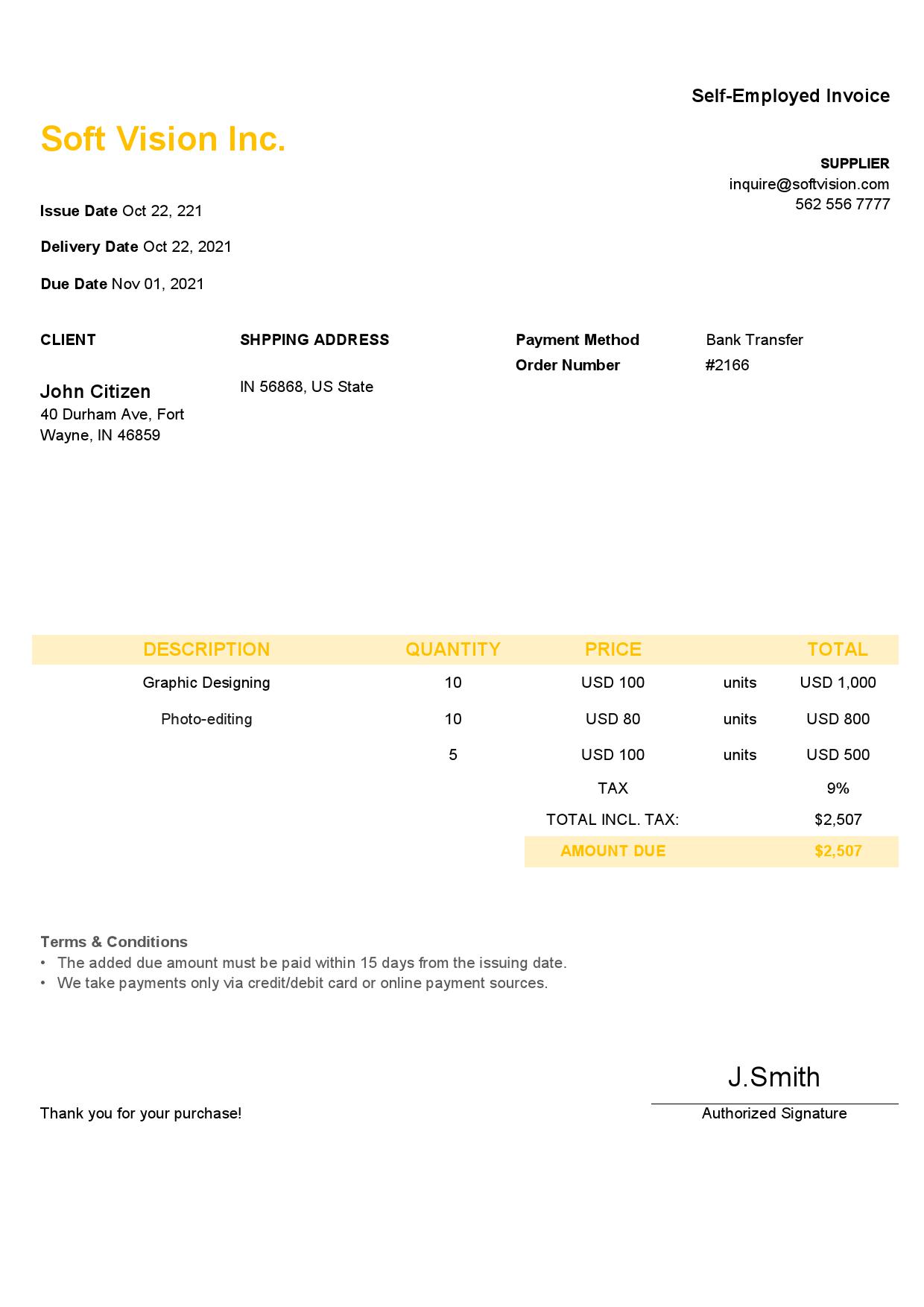 USA Soft Vision Inc. invoice template in Word and PDF format, fully editable