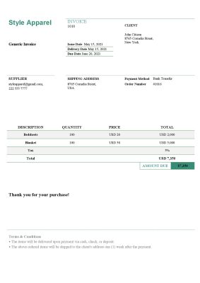 USA Style Apparel invoice template in Word and PDF format, fully editable