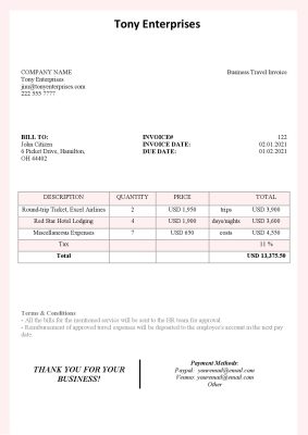 USA Tony Enterprises invoice template in Word and PDF format, fully editable