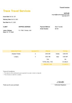 USA Trace Travel Services invoice template in Word and PDF format, fully editable