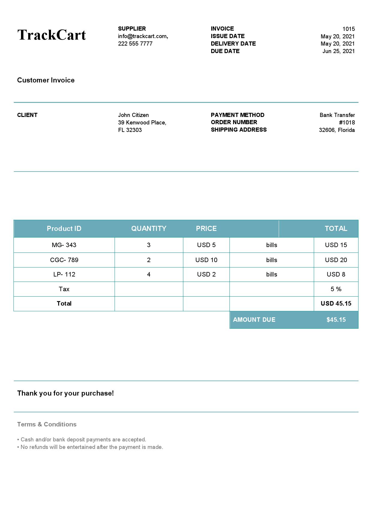 USA TrackCart invoice template in Word and PDF format, fully editable
