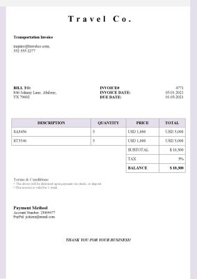 USA Travel Co. invoice template in Word and PDF format, fully editable