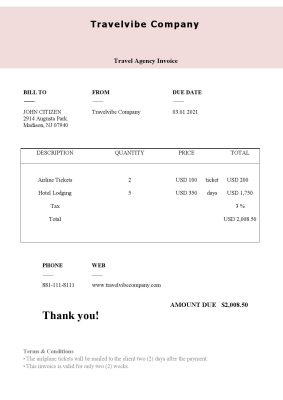 USA Travelvibe Company invoice template in Word and PDF format, fully editable
