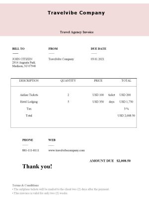 USA Editable Templates 1 USA Travelvibe Company invoice template in Word and PDF format, fully editable