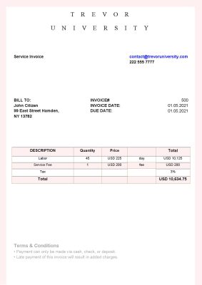 USA Trevor University invoice template in Word and PDF format, fully editable
