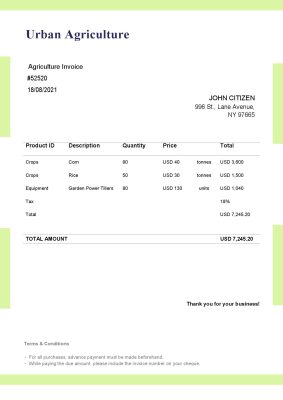 USA Urban Agriculture invoice template in Word and PDF format, fully editable