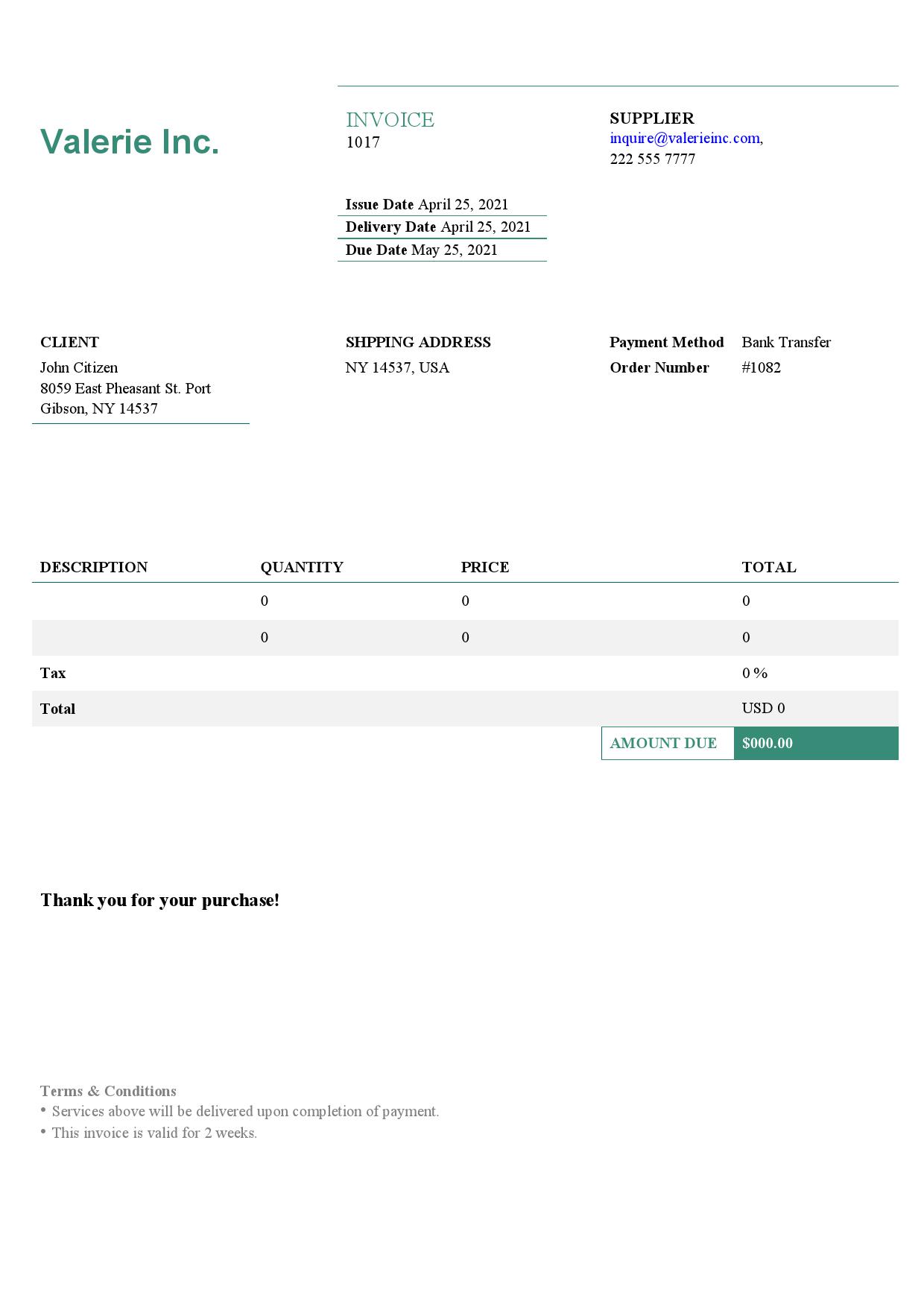 USA Valerie Inc. invoice template in Word and PDF format, fully editable
