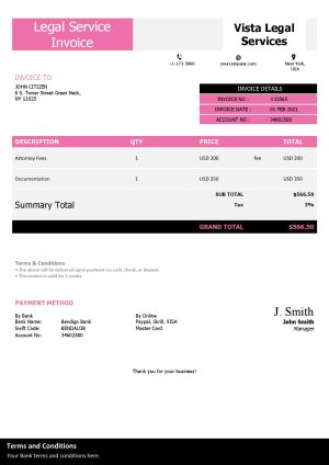 USA Editable Templates 4 USA Vista Legal Services invoice template in Word and PDF format, fully editable
