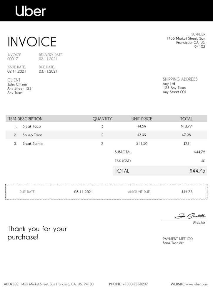 USA Uber invoice template in Word and PDF format, fully editable